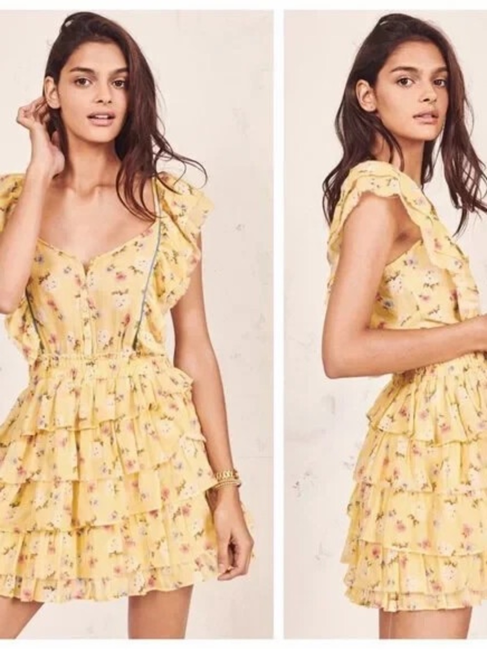 LoveShackFancy Yellow Floral Ruffle Tiered Mini Dress